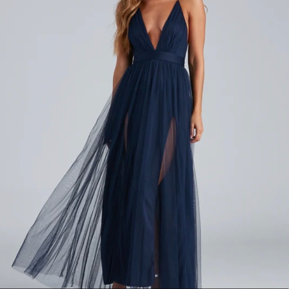 Long navy blue gown dress
